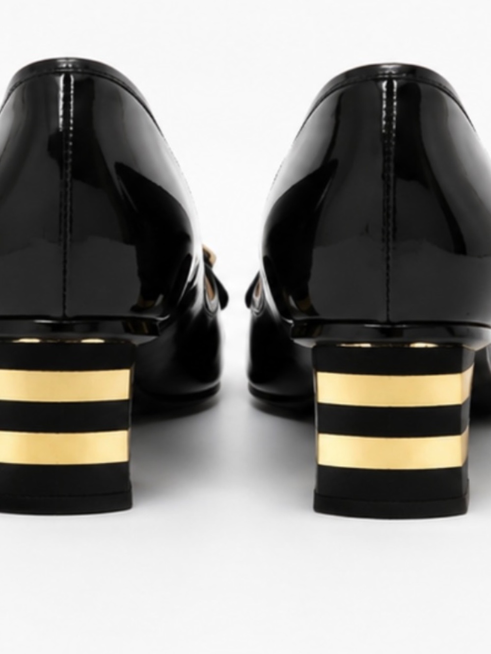 Marc Jacobs Black Patent Leather Pumps 7.5 US Square Toe Gold Chunky Block Heel - Picture 4 of 7